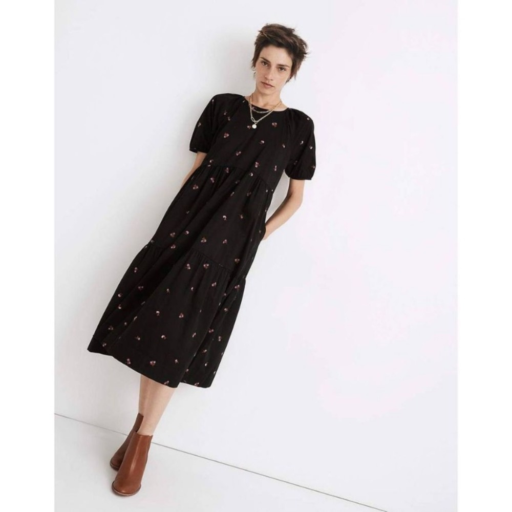 Madewell Midi Tiered Floral Embroidered Dress L